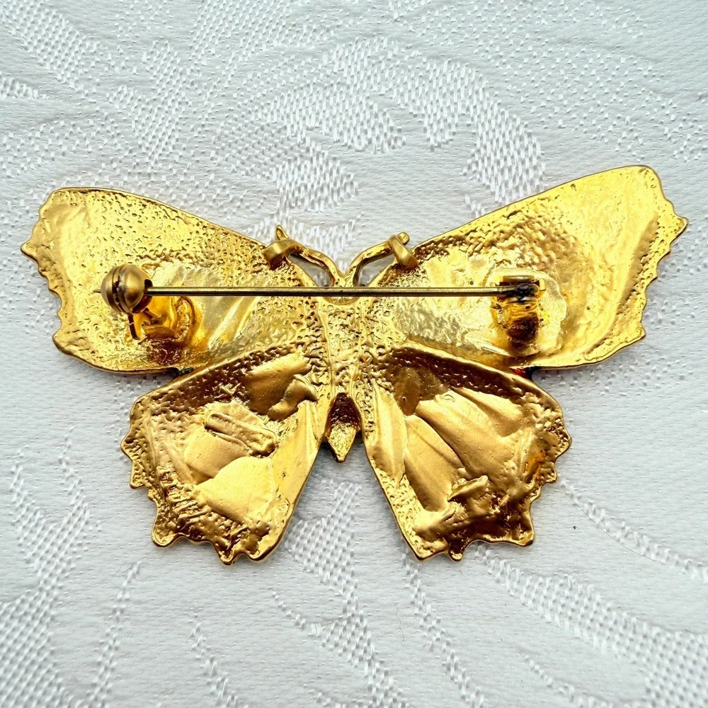 Vintage Orange, Cream, & Green Enamel Gold Tone Butterfly Moth Pin w/ Green Eyes